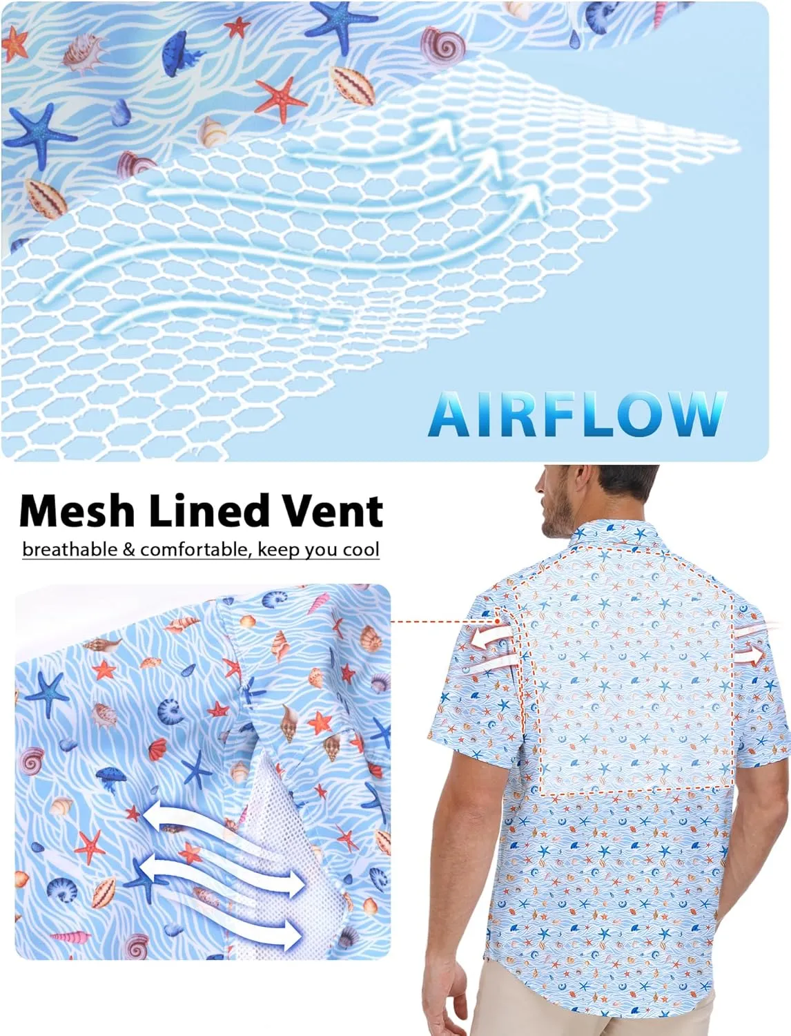 Lzzidou Fishing Shirts for Men UPF 50  Short Sleeve Button Down Print Hawaiian Camp Shirt with Breathable Back Vent