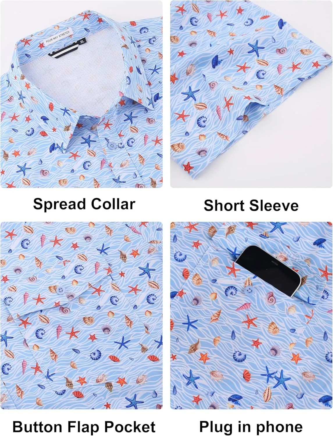 Lzzidou Fishing Shirts for Men UPF 50  Short Sleeve Button Down Print Hawaiian Camp Shirt with Breathable Back Vent