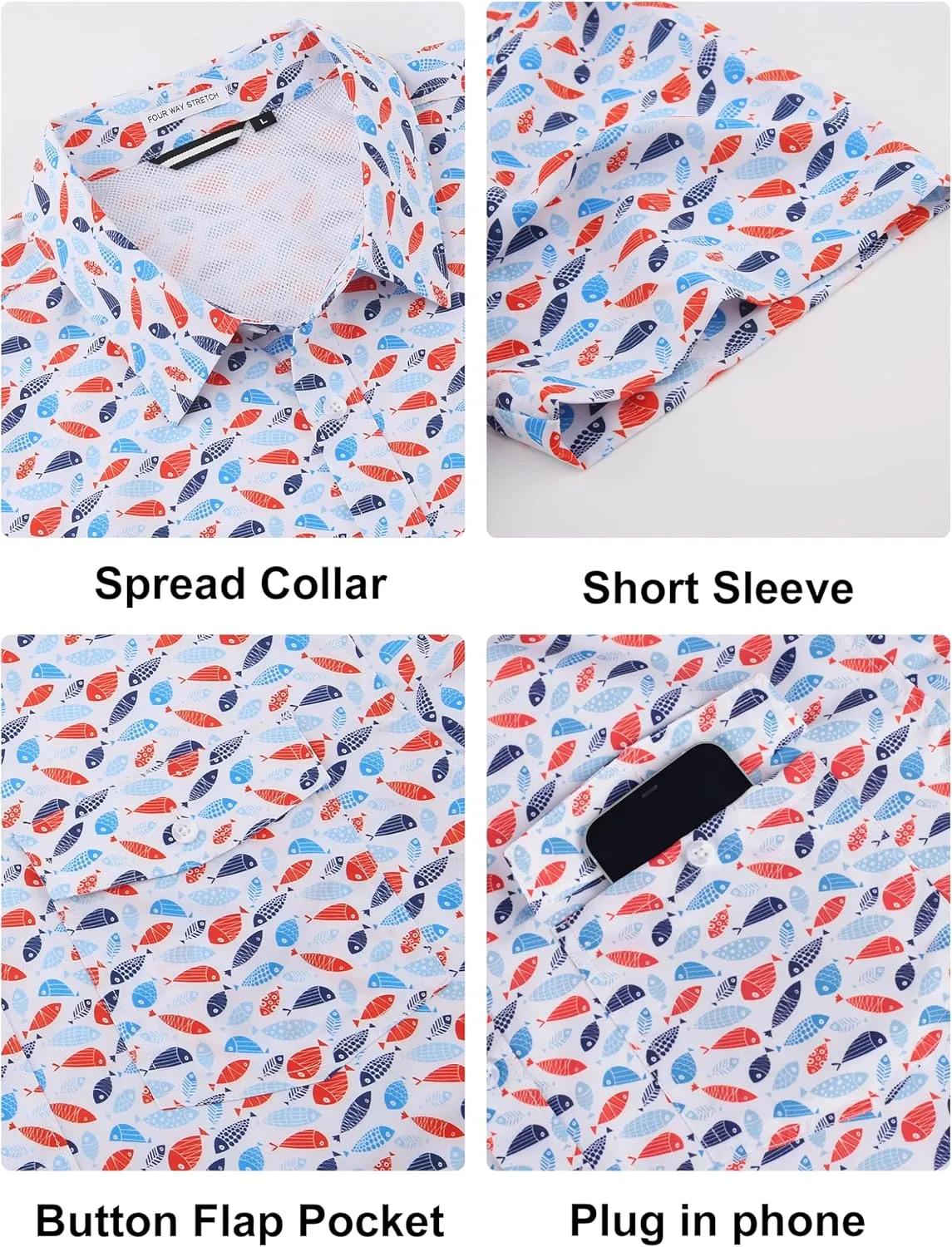 Lzzidou Fishing Shirts for Men UPF 50  Short Sleeve Button Down Print Hawaiian Camp Shirt with Breathable Back Vent