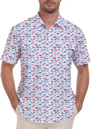 Lzzidou Fishing Shirts for Men UPF 50  Short Sleeve Button Down Print Hawaiian Camp Shirt with Breathable Back Vent