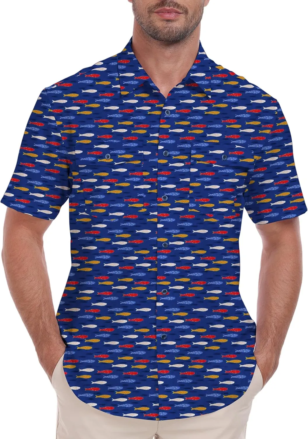 Lzzidou Fishing Shirts for Men UPF 50  Short Sleeve Button Down Print Hawaiian Camp Shirt with Breathable Back Vent
