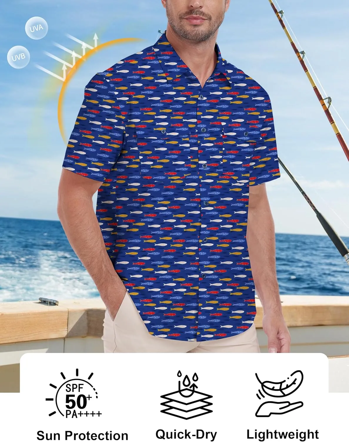 Lzzidou Fishing Shirts for Men UPF 50  Short Sleeve Button Down Print Hawaiian Camp Shirt with Breathable Back Vent