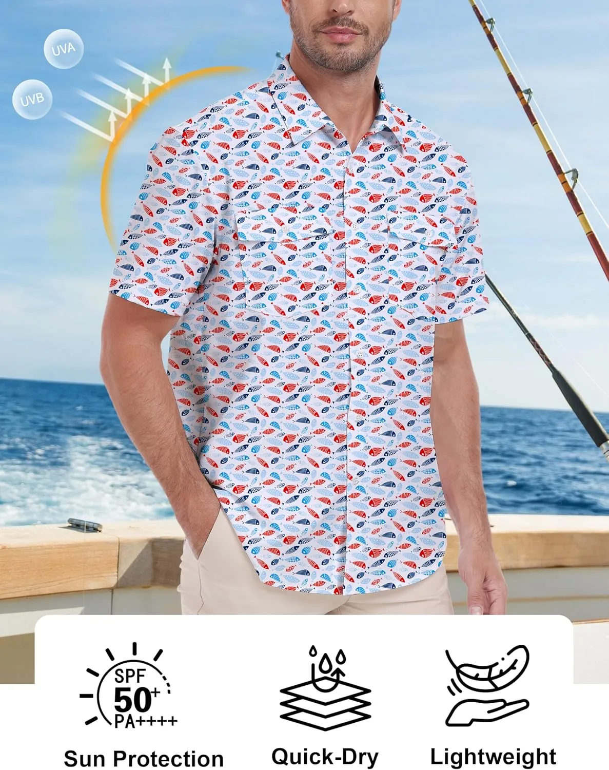 Lzzidou Fishing Shirts for Men UPF 50  Short Sleeve Button Down Print Hawaiian Camp Shirt with Breathable Back Vent