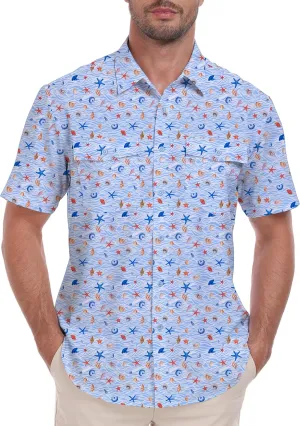 Lzzidou Fishing Shirts for Men UPF 50  Short Sleeve Button Down Print Hawaiian Camp Shirt with Breathable Back Vent
