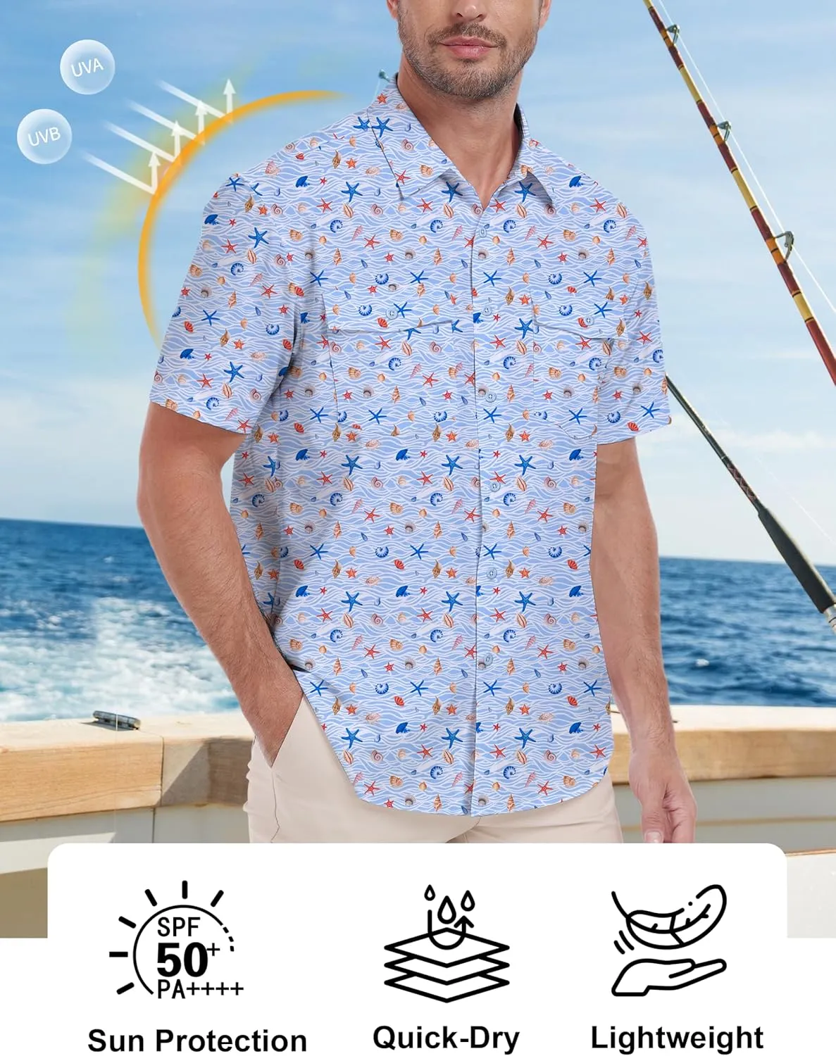 Lzzidou Fishing Shirts for Men UPF 50  Short Sleeve Button Down Print Hawaiian Camp Shirt with Breathable Back Vent