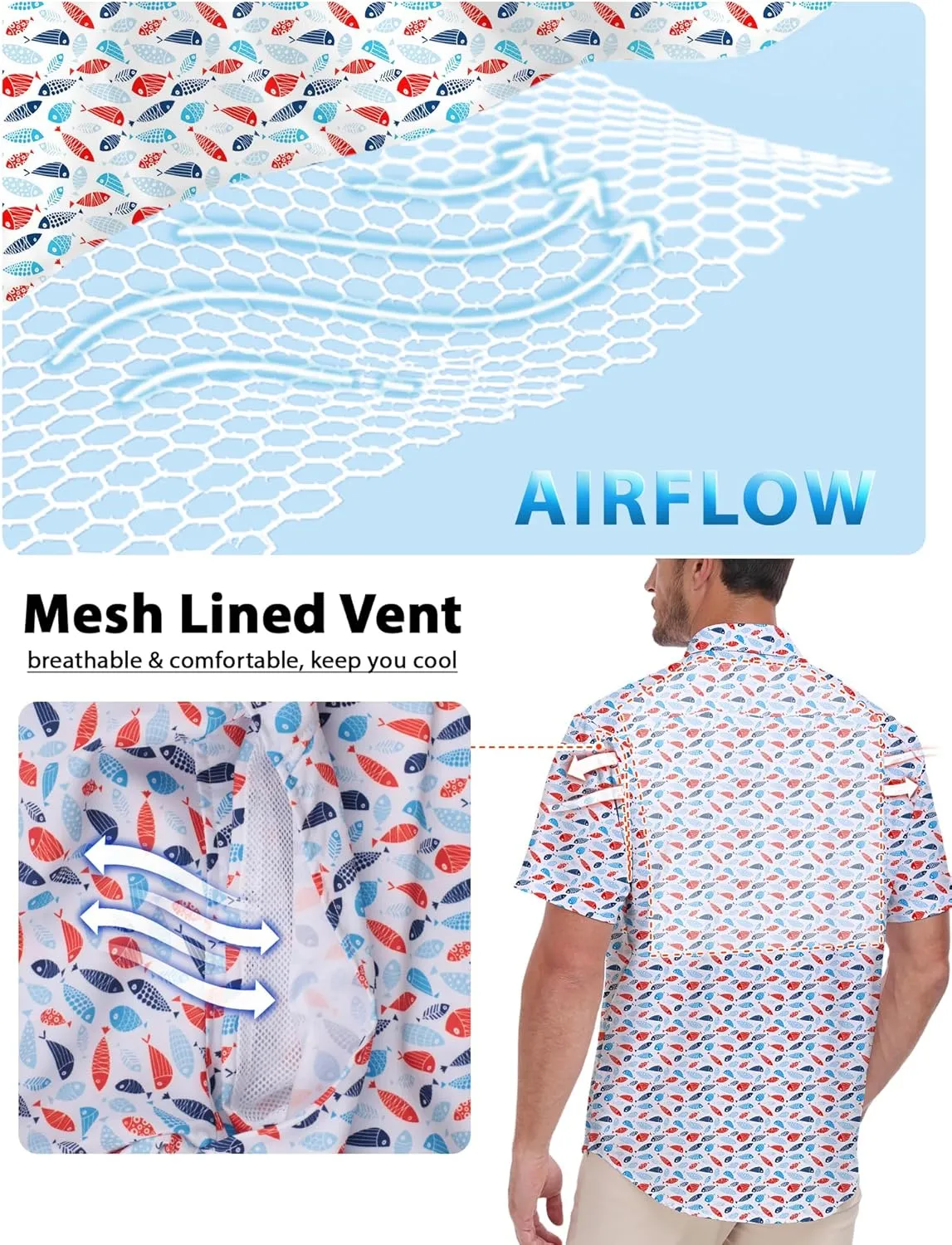 Lzzidou Fishing Shirts for Men UPF 50  Short Sleeve Button Down Print Hawaiian Camp Shirt with Breathable Back Vent