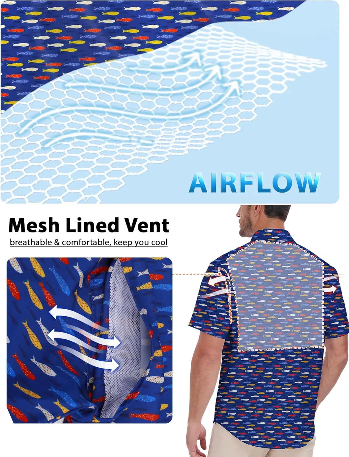 Lzzidou Fishing Shirts for Men UPF 50  Short Sleeve Button Down Print Hawaiian Camp Shirt with Breathable Back Vent