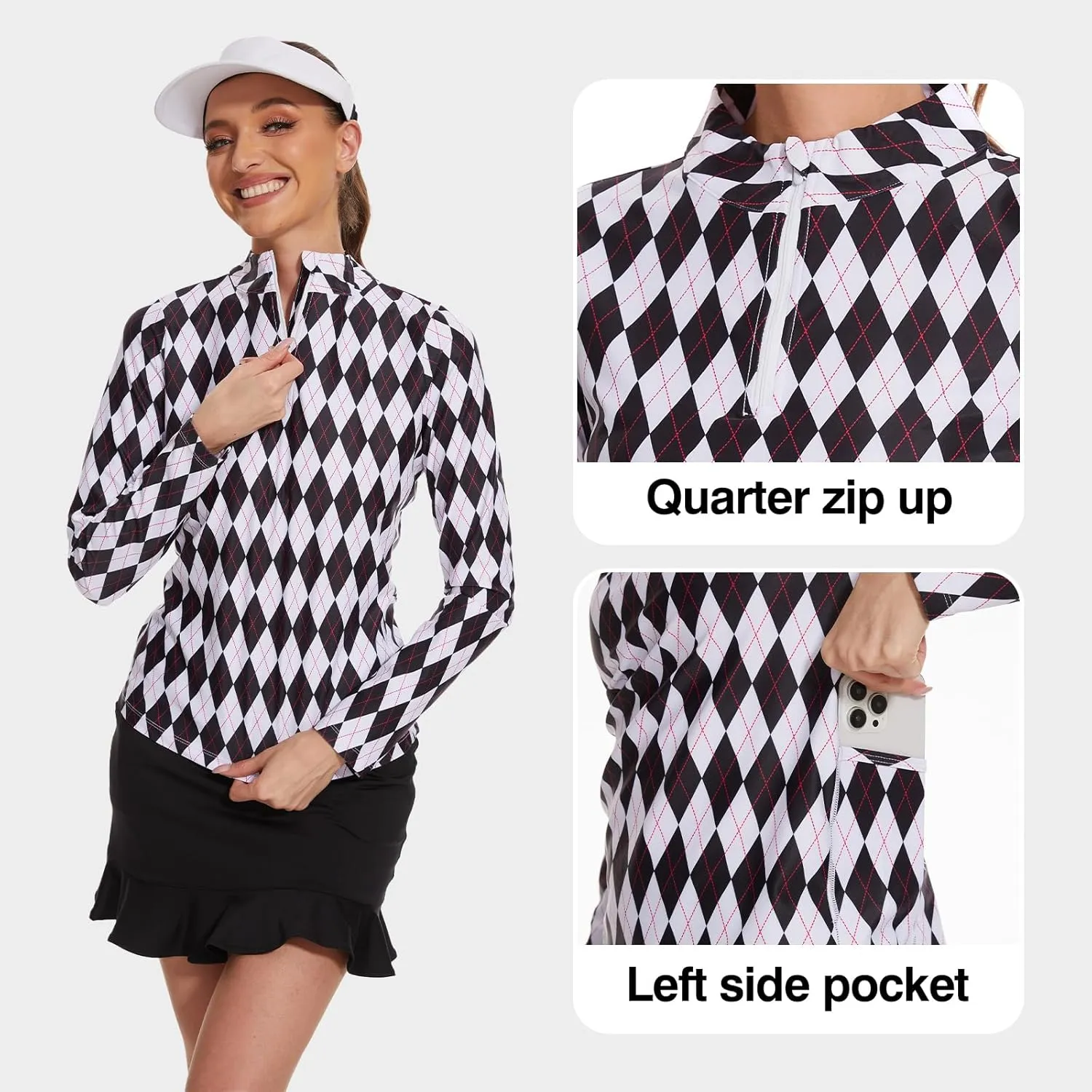 M MOTEEPI Womens Golf Shirt Long Sleeve Athletic Quarter Zip Pullover Sun Protection with Pocket