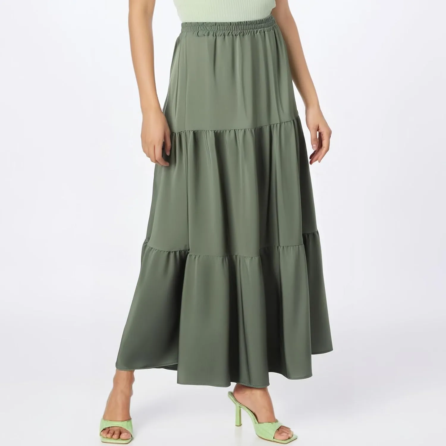 Maxi Skirt for Women Flowy Swing Tiered A-Line Fall Skirt Elastic High Waist Pleated Ruffle Long Beach Skirts Dress