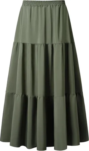 Maxi Skirt for Women Flowy Swing Tiered A-Line Fall Skirt Elastic High Waist Pleated Ruffle Long Beach Skirts Dress
