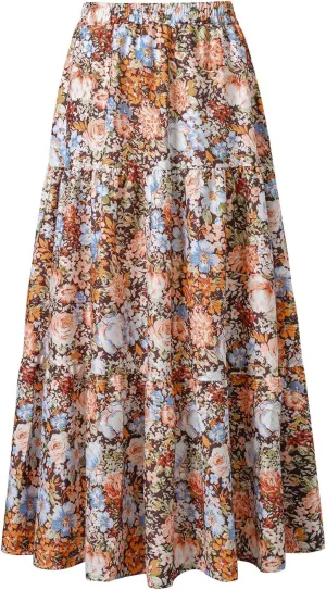 Maxi Skirt for Women Flowy Swing Tiered A-Line Fall Skirt Elastic High Waist Pleated Ruffle Long Beach Skirts Dress