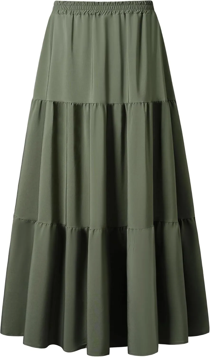 Maxi Skirt for Women Flowy Swing Tiered A-Line Fall Skirt Elastic High Waist Pleated Ruffle Long Beach Skirts Dress
