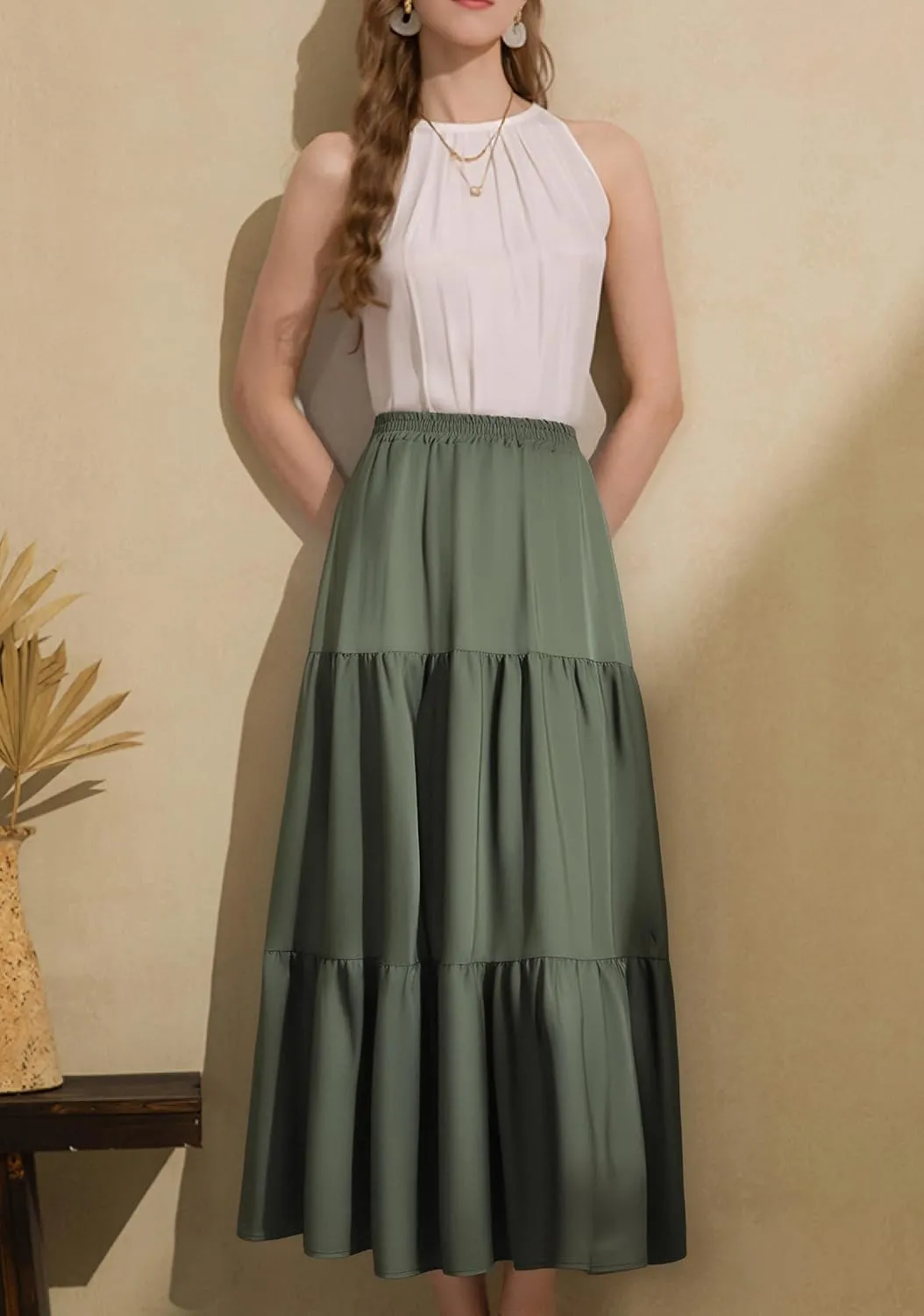 Maxi Skirt for Women Flowy Swing Tiered A-Line Fall Skirt Elastic High Waist Pleated Ruffle Long Beach Skirts Dress