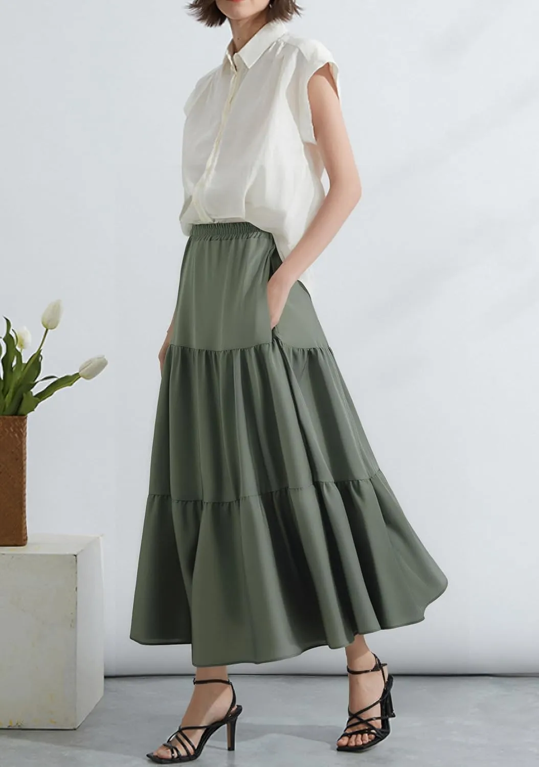 Maxi Skirt for Women Flowy Swing Tiered A-Line Fall Skirt Elastic High Waist Pleated Ruffle Long Beach Skirts Dress