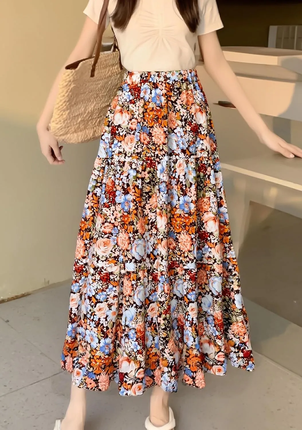 Maxi Skirt for Women Flowy Swing Tiered A-Line Fall Skirt Elastic High Waist Pleated Ruffle Long Beach Skirts Dress