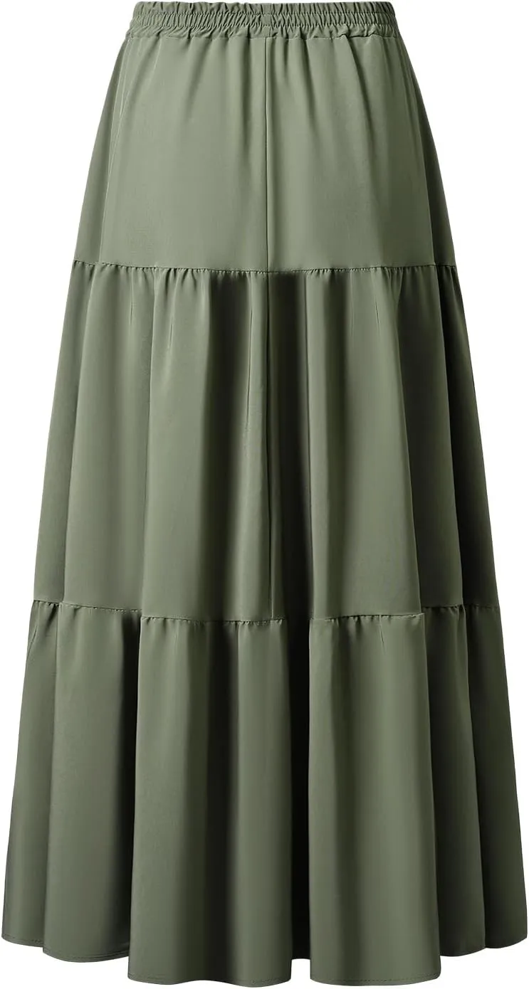 Maxi Skirt for Women Flowy Swing Tiered A-Line Fall Skirt Elastic High Waist Pleated Ruffle Long Beach Skirts Dress