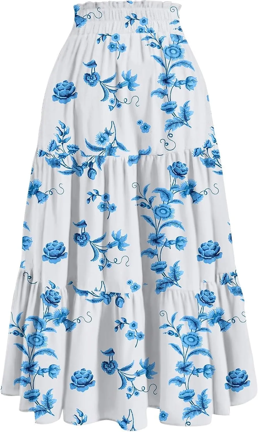 Maxi Skirts for Women Drawstring High Waisted Ruffle Tiered Floral Long Skirts with Pockets Summer Boho Vacation Outfits