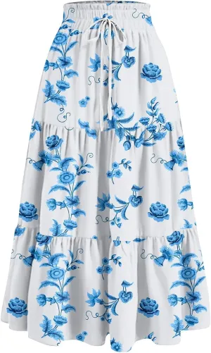 Maxi Skirts for Women Drawstring High Waisted Ruffle Tiered Floral Long Skirts with Pockets Summer Boho Vacation Outfits