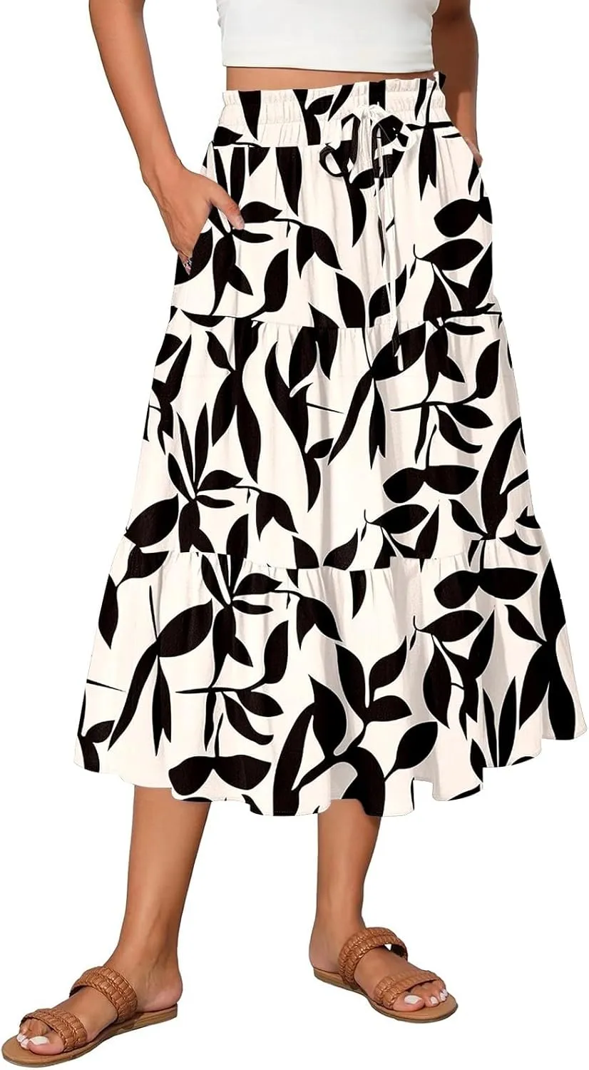 Maxi Skirts for Women Summer Drawstring High Waisted Floral Long Skirts Trendy Ruffle Tiered Cute Midi Skirt with Pockets