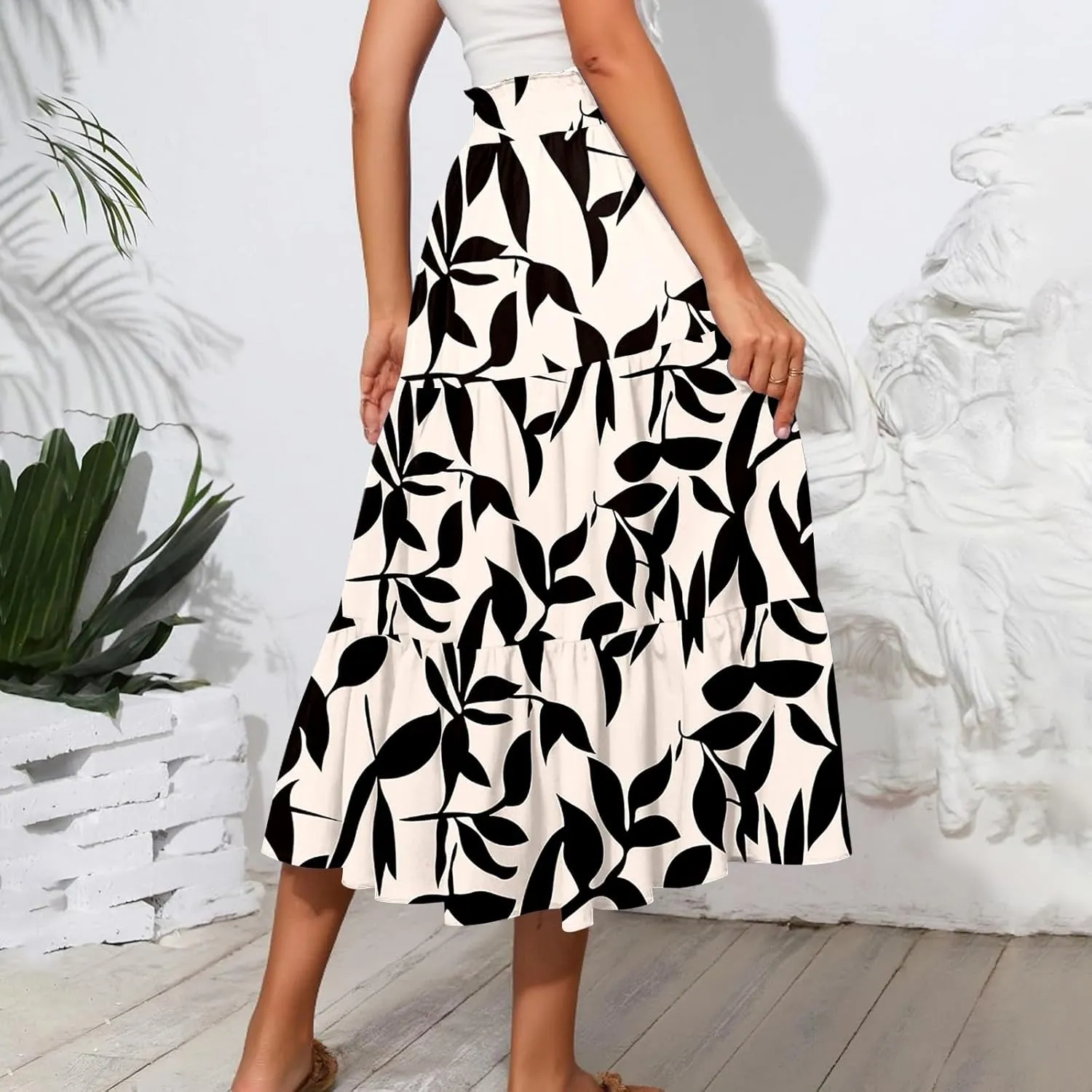 Maxi Skirts for Women Summer Drawstring High Waisted Floral Long Skirts Trendy Ruffle Tiered Cute Midi Skirt with Pockets