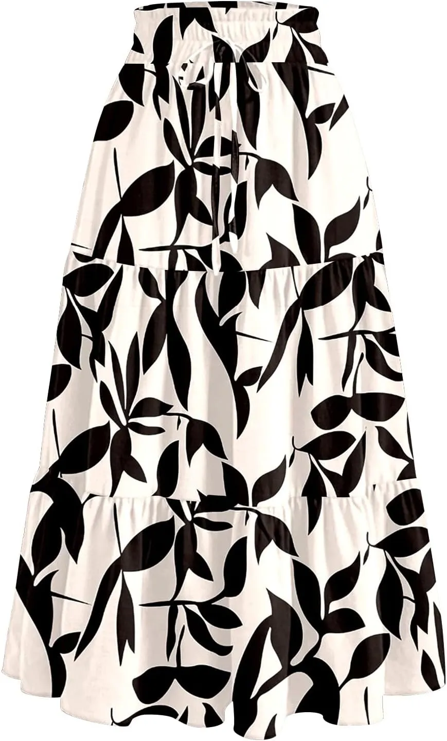 Maxi Skirts for Women Summer Drawstring High Waisted Floral Long Skirts Trendy Ruffle Tiered Cute Midi Skirt with Pockets