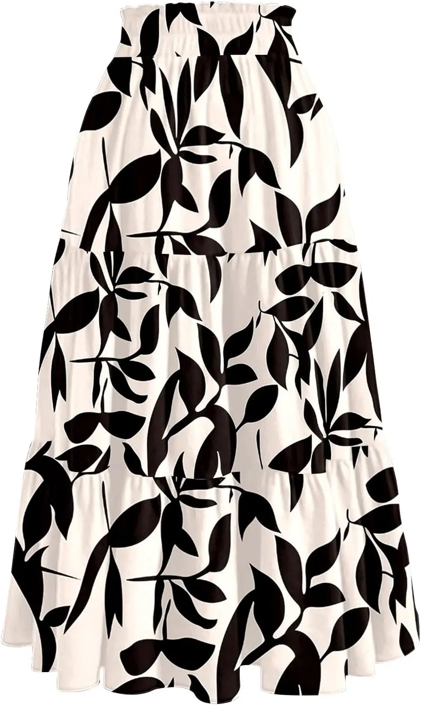 Maxi Skirts for Women Summer Drawstring High Waisted Floral Long Skirts Trendy Ruffle Tiered Cute Midi Skirt with Pockets