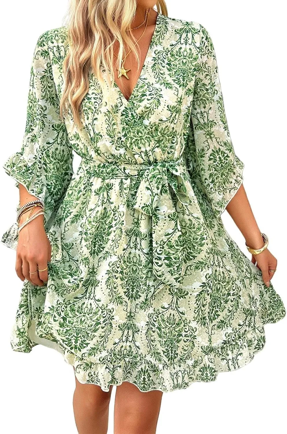 Melliflo Women Summer Floral Print Vintage Boho Dress V Neck Half Ruffle Sleeve Beach Swing Dresses Mini Babydoll Tunic Dress