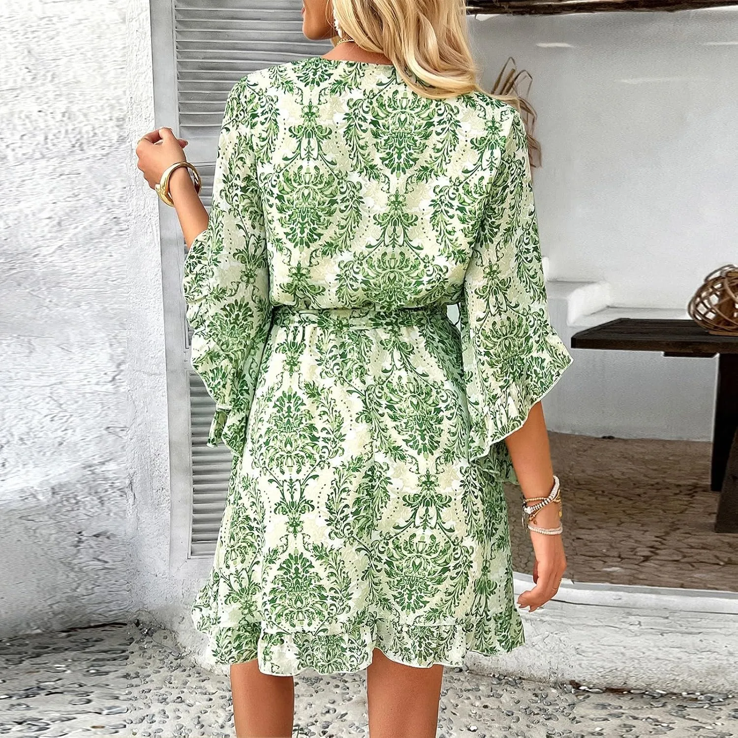 Melliflo Women Summer Floral Print Vintage Boho Dress V Neck Half Ruffle Sleeve Beach Swing Dresses Mini Babydoll Tunic Dress
