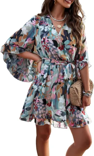 Melliflo Women Summer Floral Print Vintage Boho Dress V Neck Half Ruffle Sleeve Beach Swing Dresses Mini Babydoll Tunic Dress