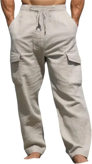 Men's Cotton Linen Cargo Pants Drawstring Straight Trousers Breathable Outdoor Pants with Multi-Pocket