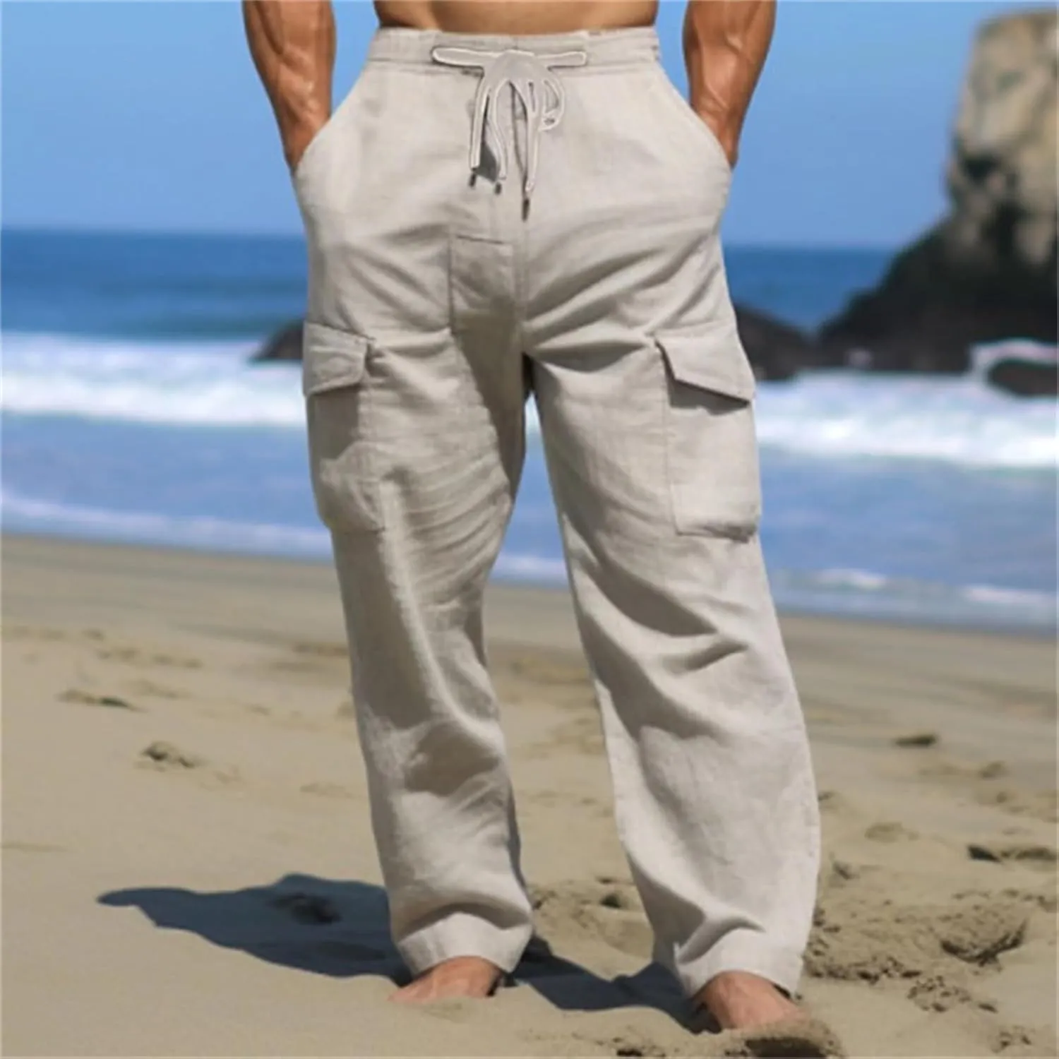 Men's Cotton Linen Cargo Pants Drawstring Straight Trousers Breathable Outdoor Pants with Multi-Pocket