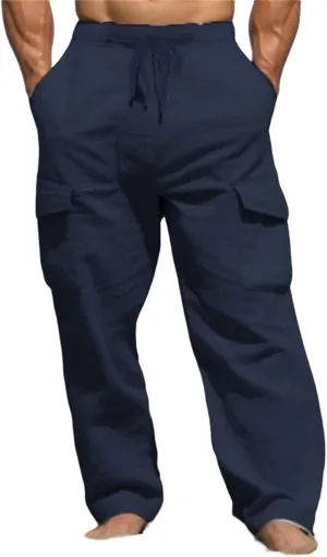 Men's Cotton Linen Cargo Pants Drawstring Straight Trousers Breathable Outdoor Pants with Multi-Pocket