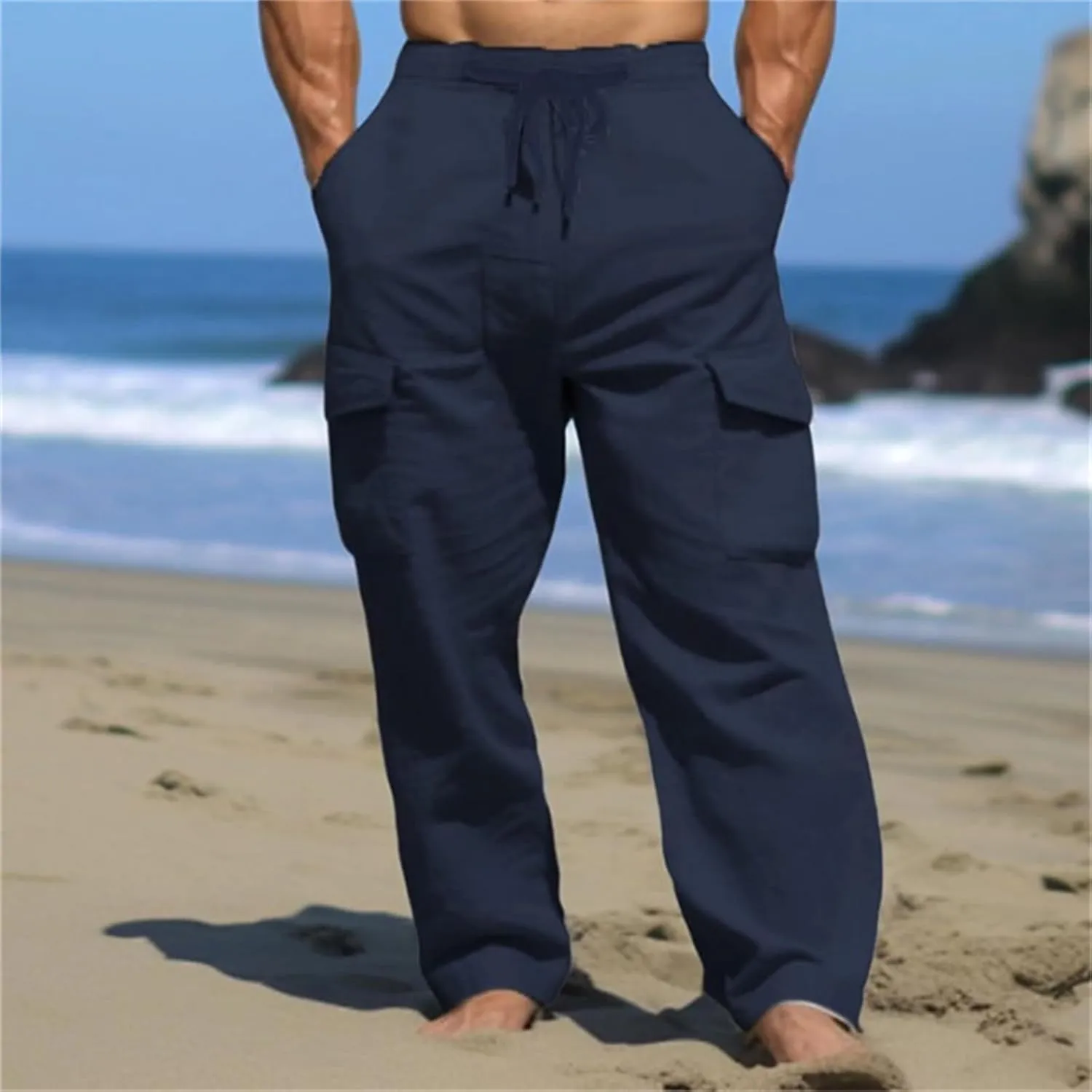Men's Cotton Linen Cargo Pants Drawstring Straight Trousers Breathable Outdoor Pants with Multi-Pocket