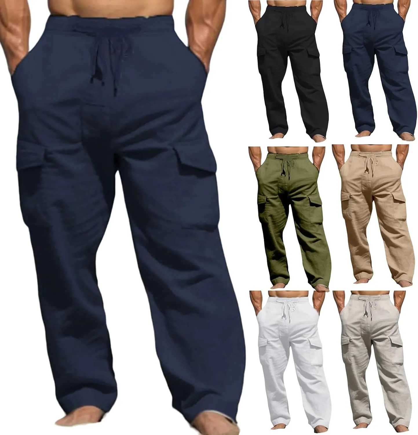 Men's Cotton Linen Cargo Pants Drawstring Straight Trousers Breathable Outdoor Pants with Multi-Pocket