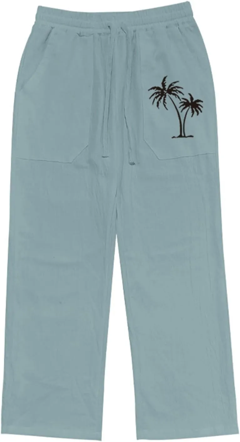 Men's Cotton Linen Trousers Solid Color Drawstring Casual Pants Comfy Breathable Beach Pants Loose Fit Thin Trousers