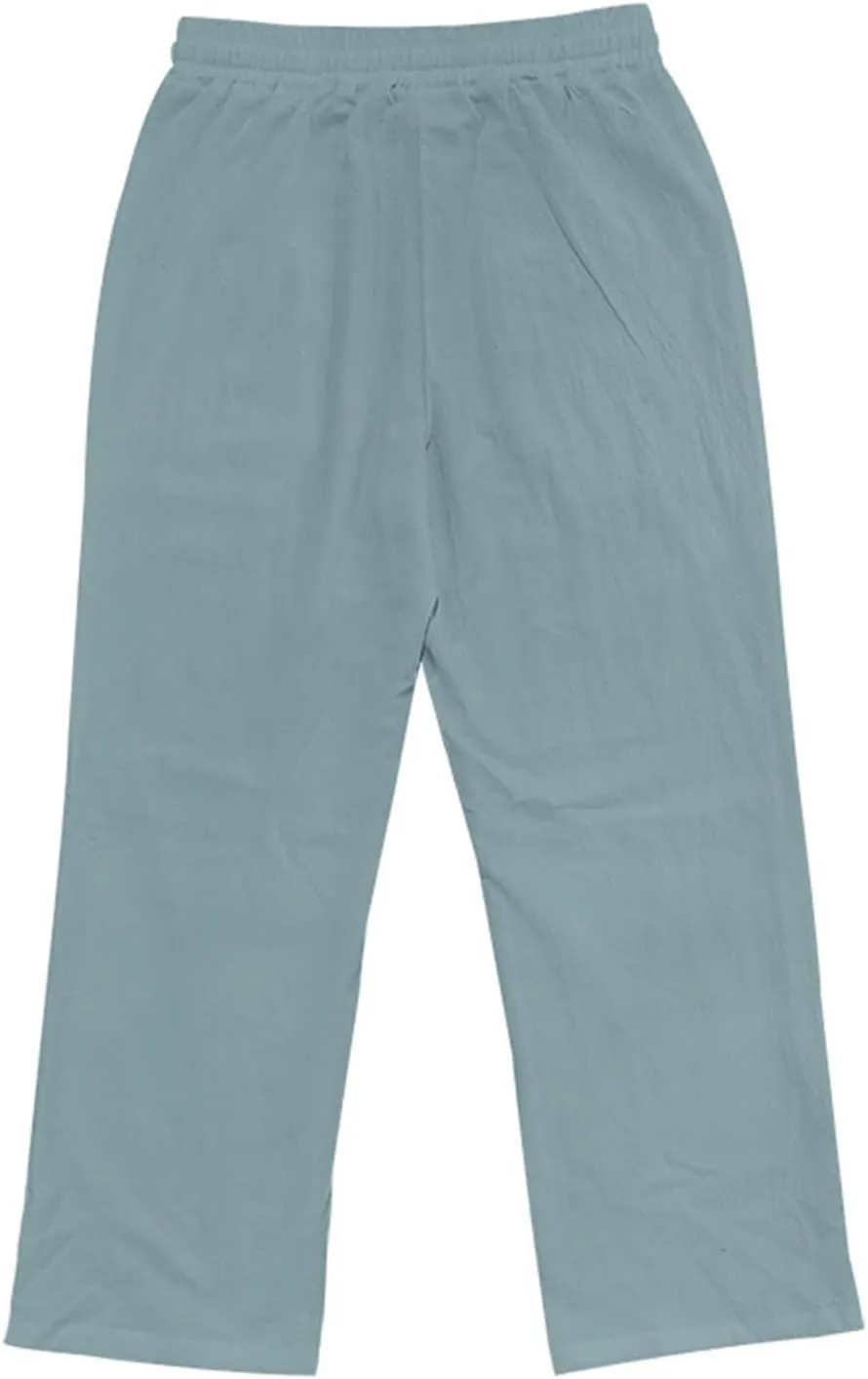 Men's Cotton Linen Trousers Solid Color Drawstring Casual Pants Comfy Breathable Beach Pants Loose Fit Thin Trousers