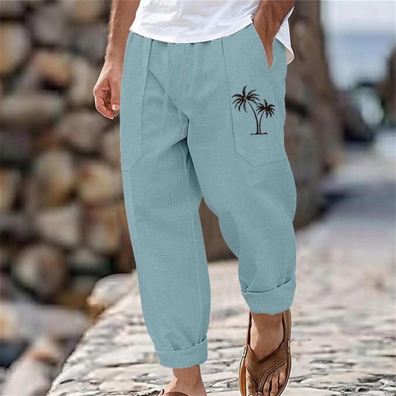 Men's Cotton Linen Trousers Solid Color Drawstring Casual Pants Comfy Breathable Beach Pants Loose Fit Thin Trousers