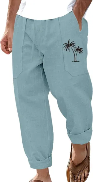 Men's Cotton Linen Trousers Solid Color Drawstring Casual Pants Comfy Breathable Beach Pants Loose Fit Thin Trousers