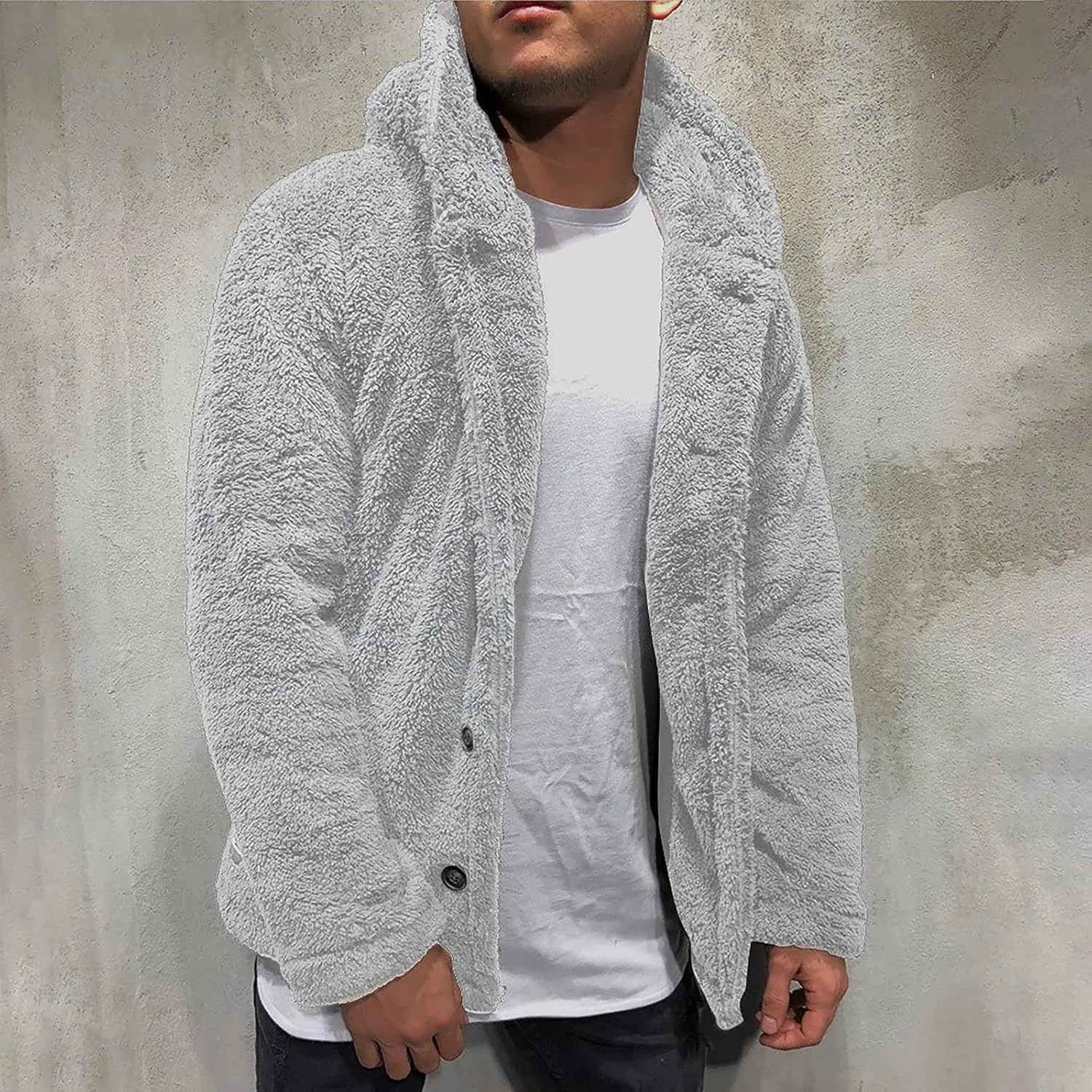 Mens Fluffy Fuzzy Jacket,Plush Fleece Casual Winter Fall Button Up Cardigan Coat Soft Sherpa Outerwear
