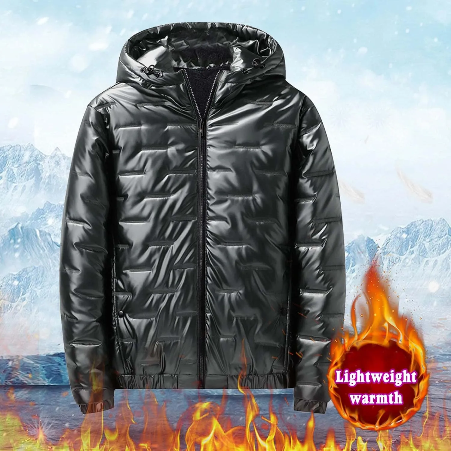 Mens Glossy Quilted Puffer Jacket Hooded Winter Warm Fleece Lined Shiny Reflective Down Coats Thicken Padded Outerwear