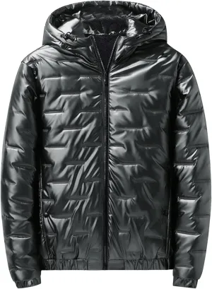 Mens Glossy Quilted Puffer Jacket Hooded Winter Warm Fleece Lined Shiny Reflective Down Coats Thicken Padded Outerwear