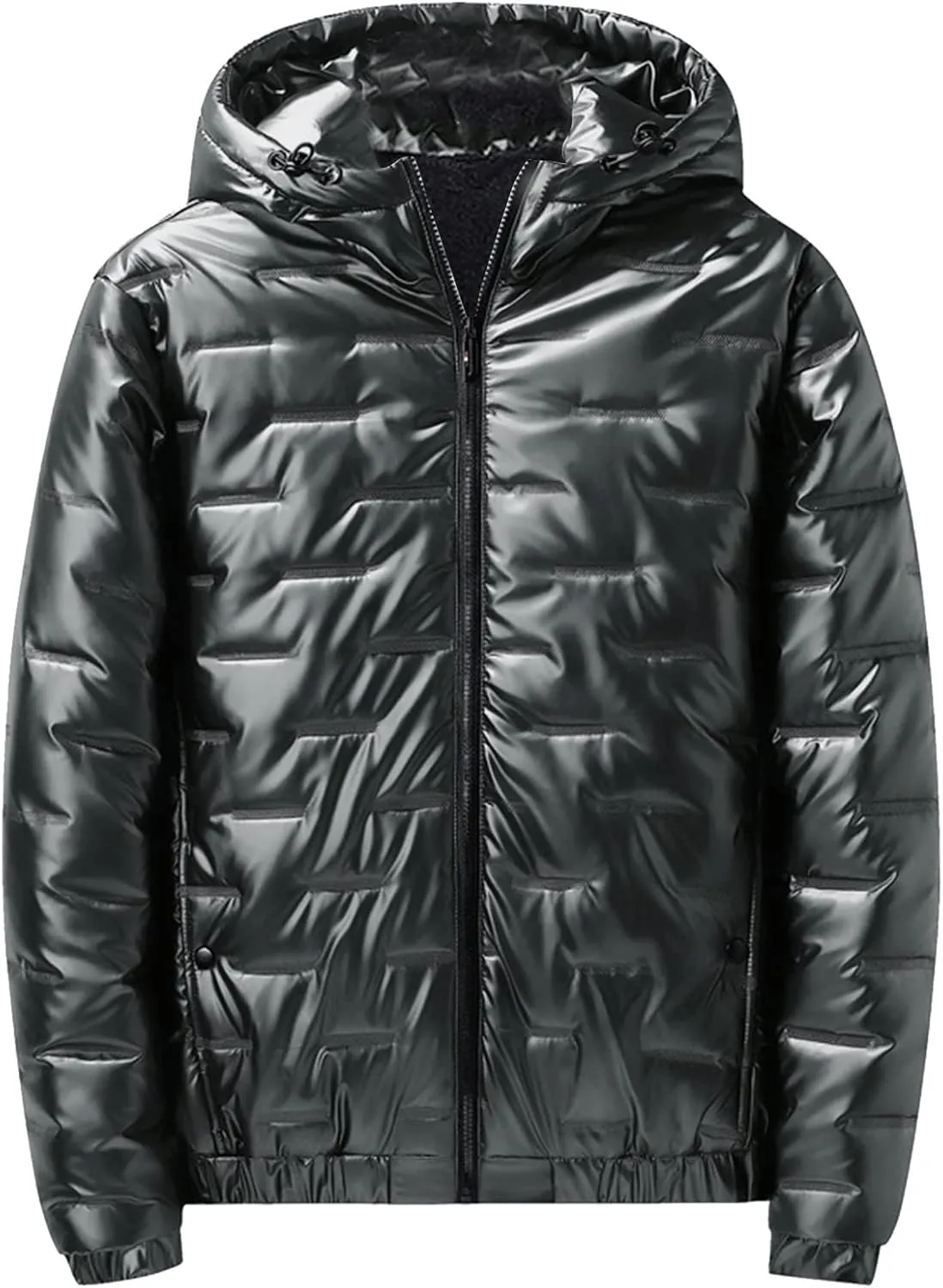 Mens Glossy Quilted Puffer Jacket Hooded Winter Warm Fleece Lined Shiny Reflective Down Coats Thicken Padded Outerwear