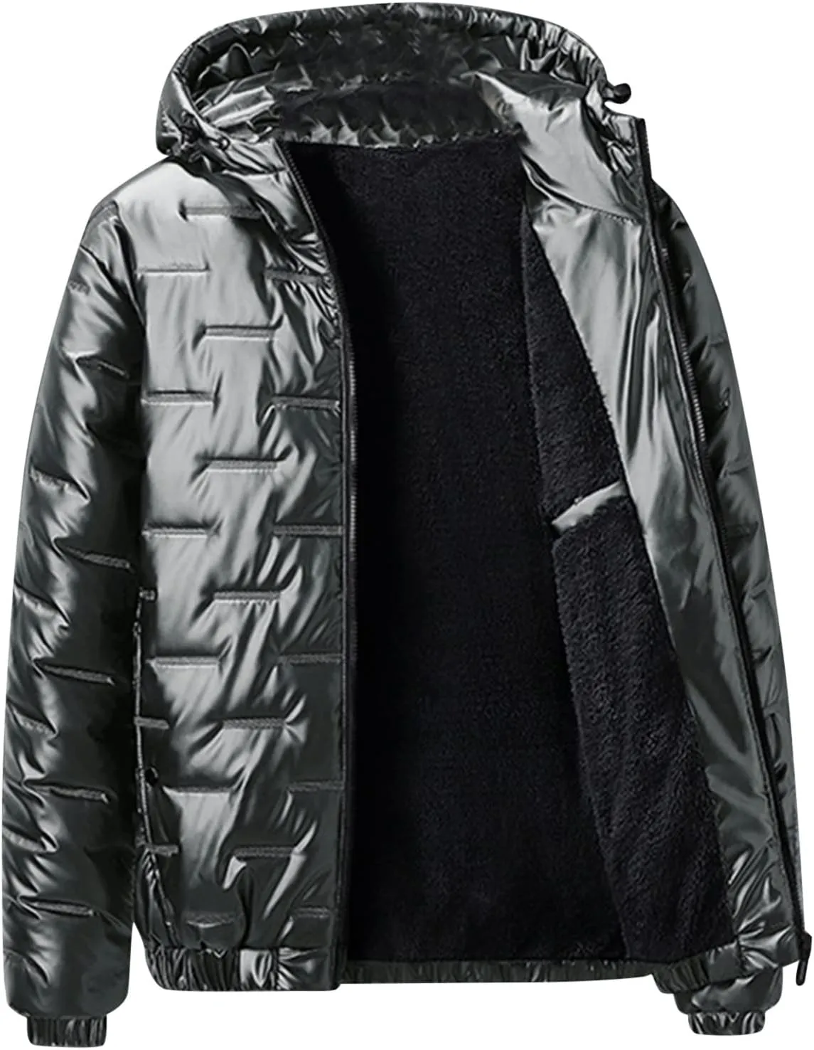 Mens Glossy Quilted Puffer Jacket Hooded Winter Warm Fleece Lined Shiny Reflective Down Coats Thicken Padded Outerwear