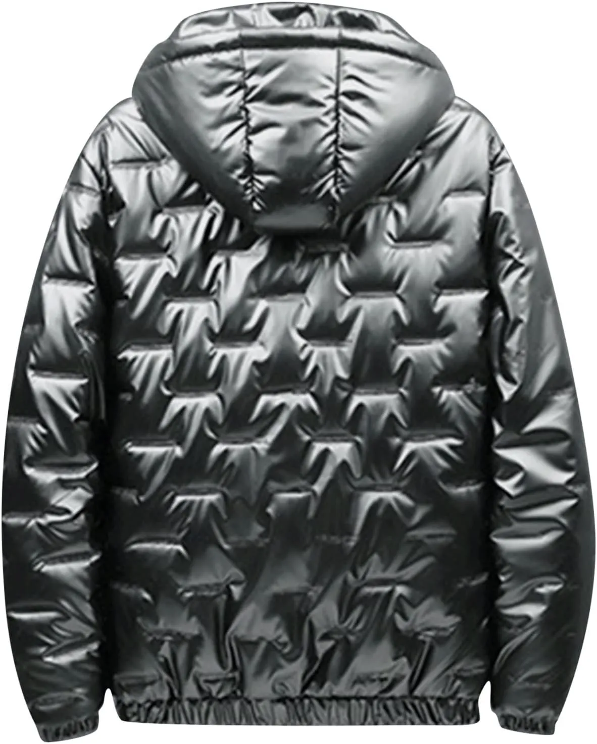 Mens Glossy Quilted Puffer Jacket Hooded Winter Warm Fleece Lined Shiny Reflective Down Coats Thicken Padded Outerwear