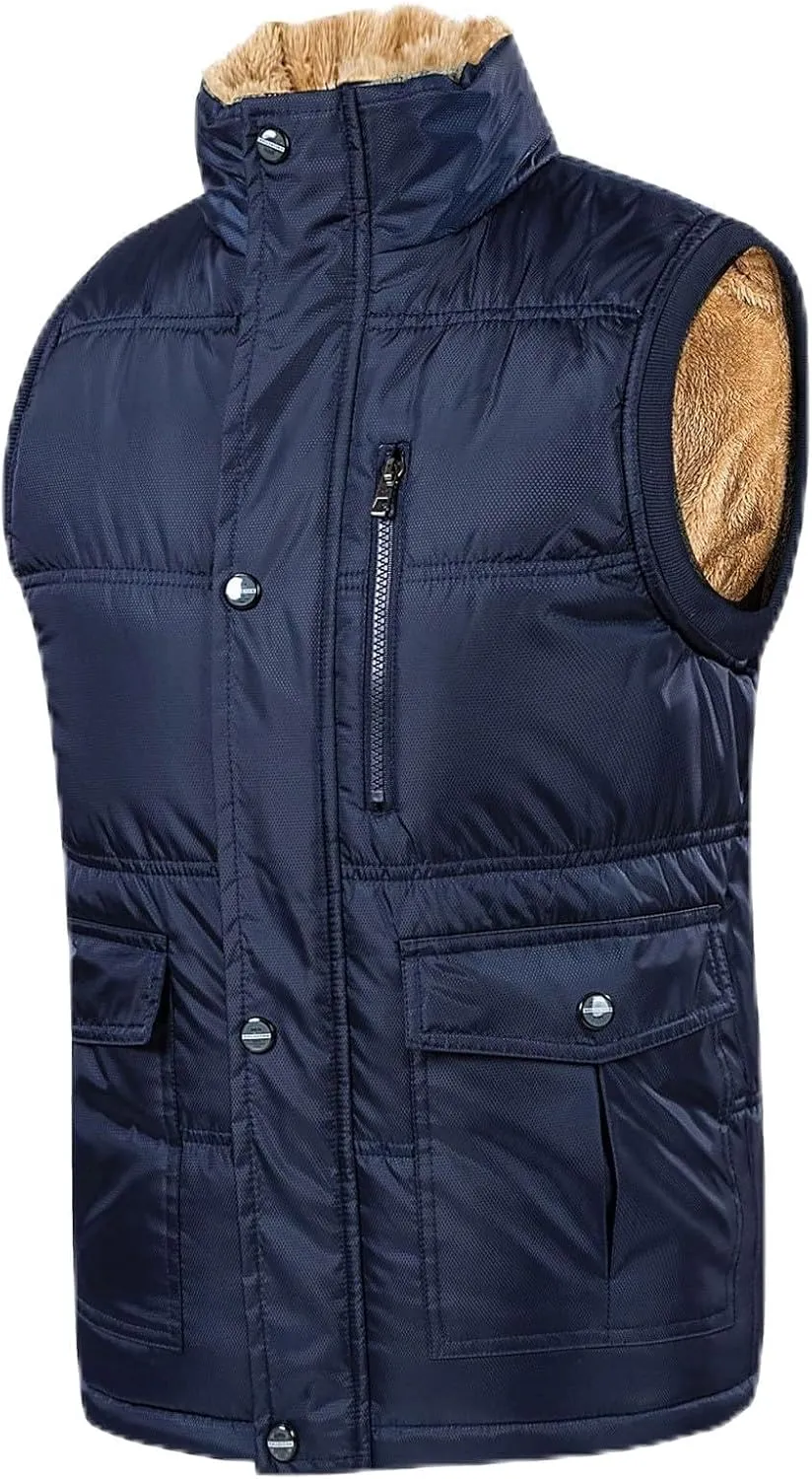Men's Lightweight Packable Insulated Thick Padded Vest Men Warm Solid Heated Cotton Tops Pocket Casual Packable Padded
