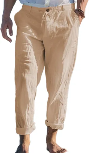 Mens Linen Trousers Button Drawstring Casual Lightweight Breathable Pants Solid Vacation Beach Shorts with Pockets