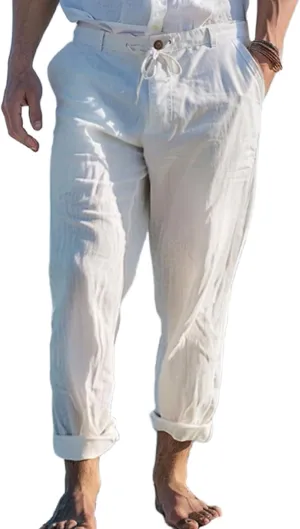 Mens Linen Trousers Button Drawstring Casual Lightweight Breathable Pants Solid Vacation Beach Shorts with Pockets
