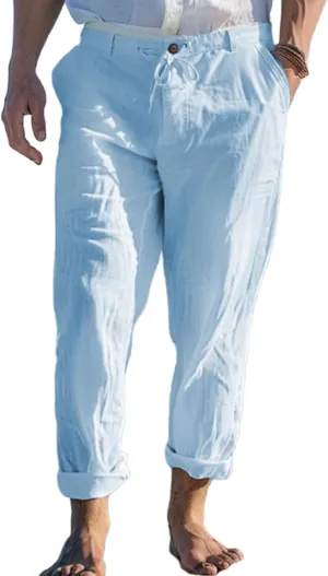 Mens Linen Trousers Button Drawstring Casual Lightweight Breathable Pants Solid Vacation Beach Shorts with Pockets