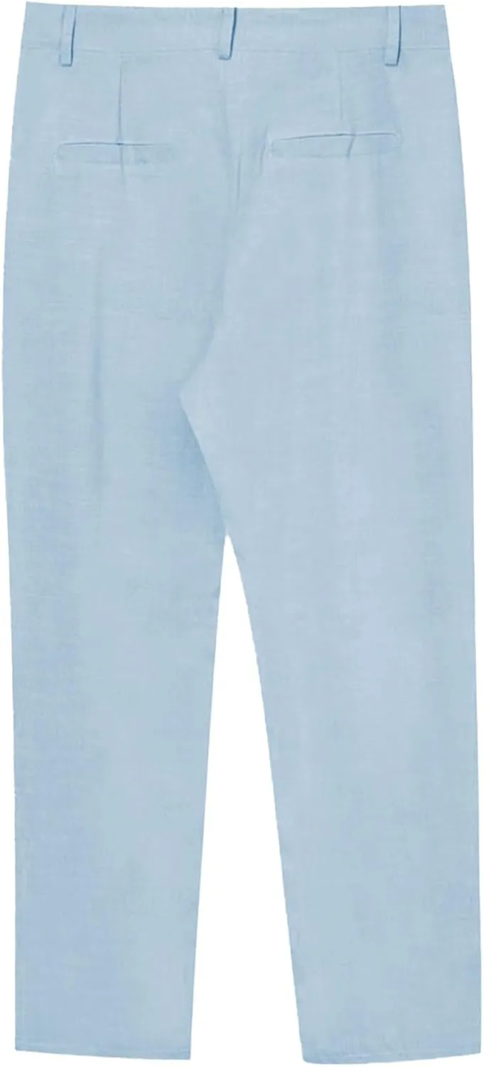 Mens Linen Trousers Button Drawstring Casual Lightweight Breathable Pants Solid Vacation Beach Shorts with Pockets