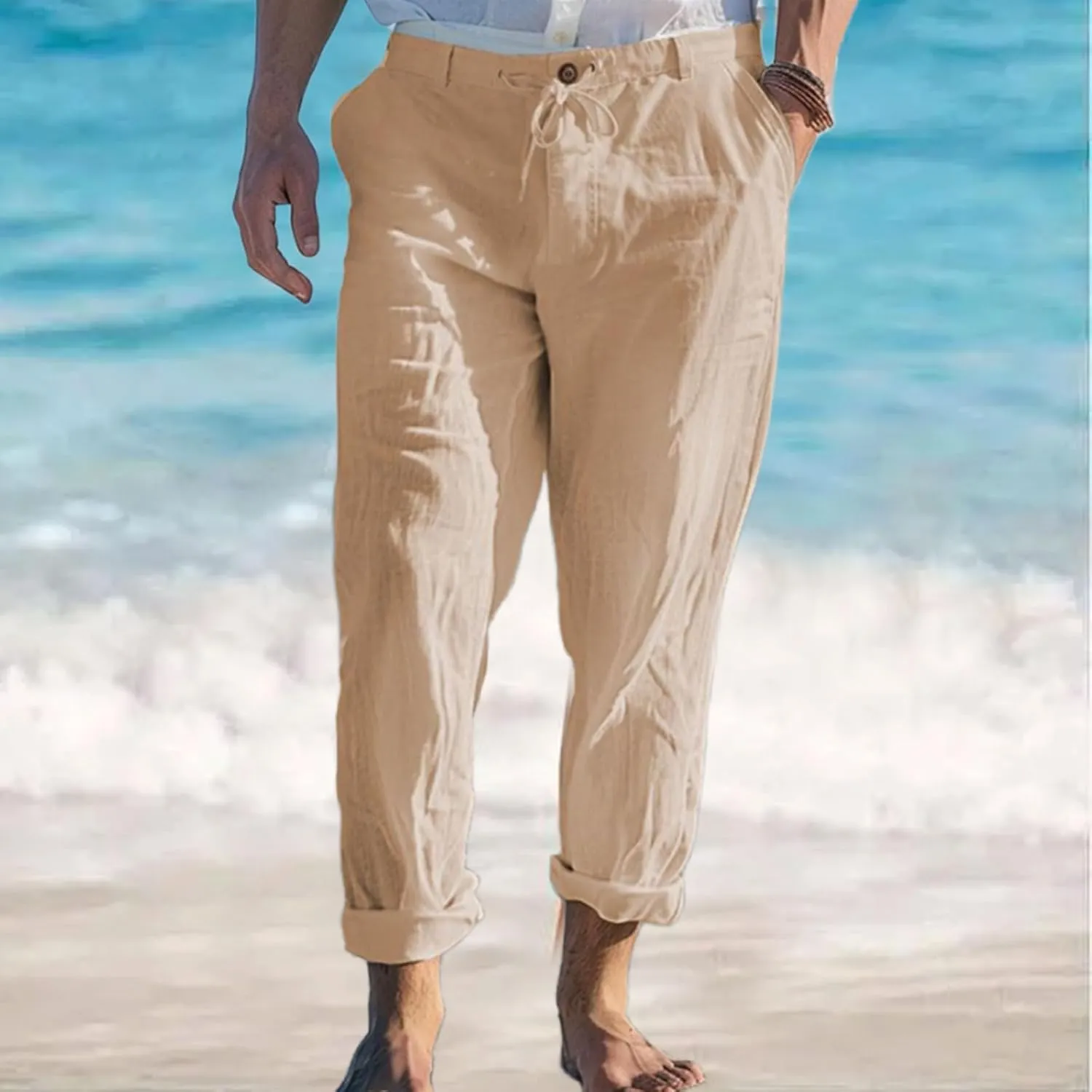 Mens Linen Trousers Button Drawstring Casual Lightweight Breathable Pants Solid Vacation Beach Shorts with Pockets